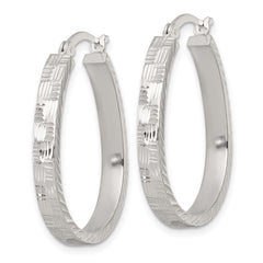 QE17913 Sterling Silver Polished Straight Diamond-cut 4.0mm Oval Hoop Earrings