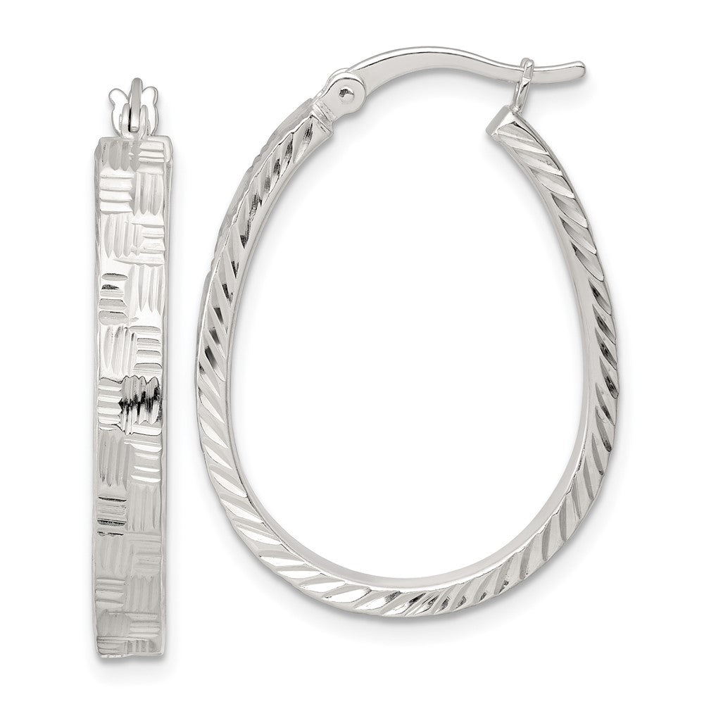 QE17913 Sterling Silver Polished Straight Diamond-cut 4.0mm Oval Hoop Earrings