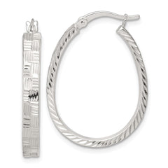 QE17913 Sterling Silver Polished Straight Diamond-cut 4.0mm Oval Hoop Earrings