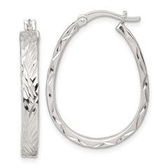 QE17914 Sterling Silver Polished Diamond-cut 4.0mm Oval Hoop Earrings