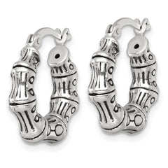 QE17931 Sterling Silver Antiqued Textured Bamboo Round Hoop Earrings