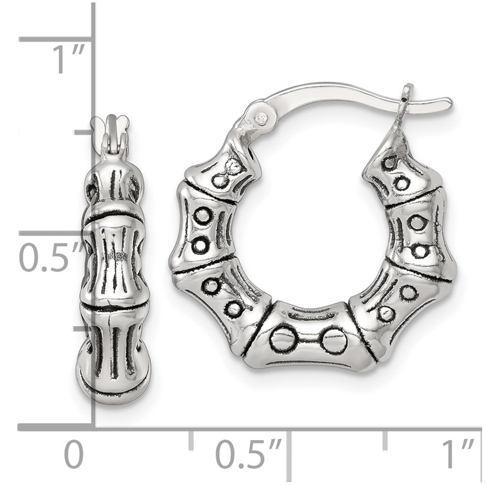 QE17931 Sterling Silver Antiqued Textured Bamboo Round Hoop Earrings