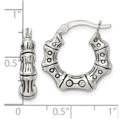 QE17931 Sterling Silver Antiqued Textured Bamboo Round Hoop Earrings