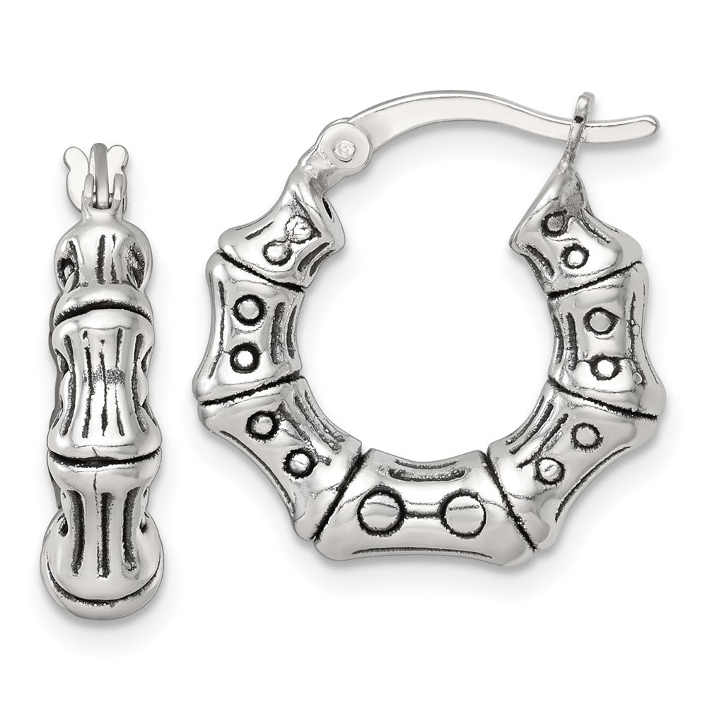 QE17931 Sterling Silver Antiqued Textured Bamboo Round Hoop Earrings
