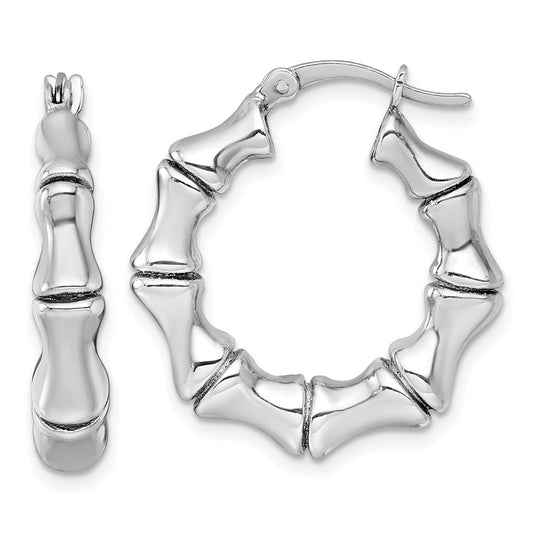 QE17932 Sterling Silver Rhodium-plated Polished Bamboo Round Hoop Earrings