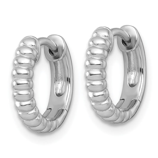 QE17935 Sterling Silver Rhodium-plated Polished Grooved 3.00 x 13mm Round Hinged Hoop Earrings