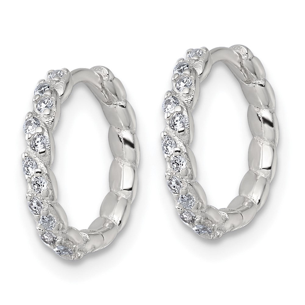 QE17953 Sterling Silver Polished and Twisted 2.2mm x 12mm CZ Hinged Round Hoop Earrings