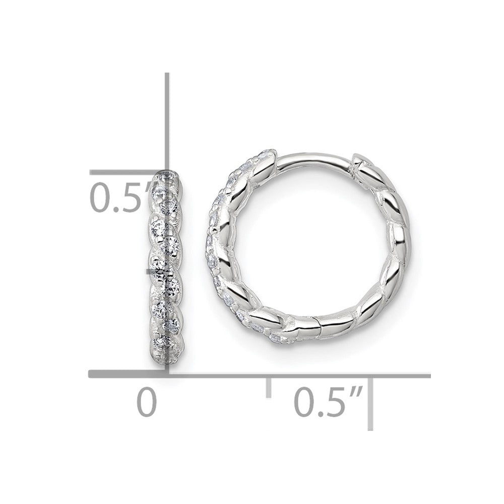 QE17953 Sterling Silver Polished and Twisted 2.2mm x 12mm CZ Hinged Round Hoop Earrings