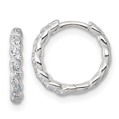 QE17953 Sterling Silver Polished and Twisted 2.2mm x 12mm CZ Hinged Round Hoop Earrings