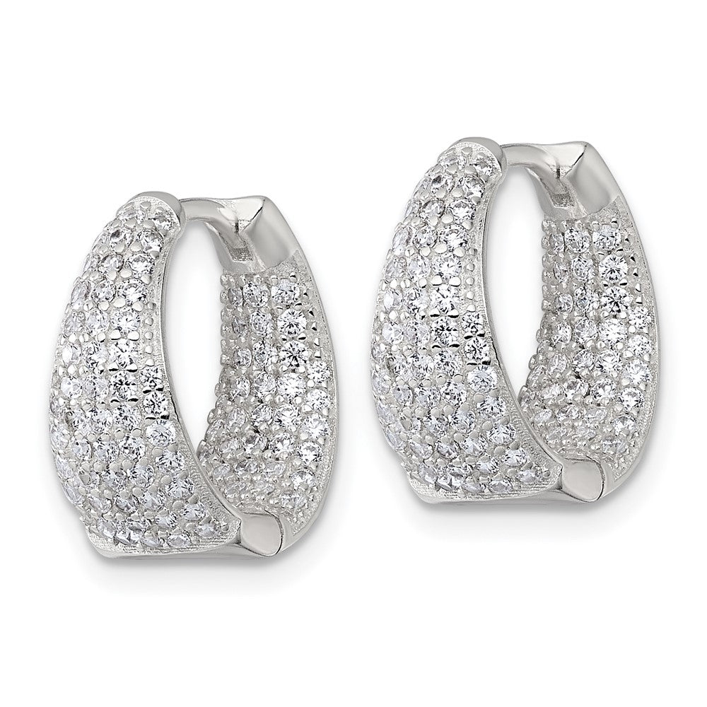 QE17954 Sterling Silver Polished Tapered In and Out CZ 16mm Hinged Round Hoop Earrings