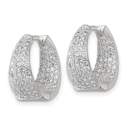 QE17954 Sterling Silver Polished Tapered In and Out CZ 16mm Hinged Round Hoop Earrings