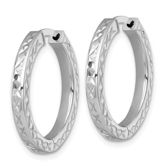 QE17956 Sterling Silver Rhodium-plated Polished Diamond-cut 3x25mm with Safety Lock Hinged Square Tube Hoop Earrings