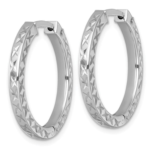 QE17957 Sterling Silver Rhodium-plated Polished Diamond-cut 3x28mm with Safety Lock Hinged Square Tube Hoop Earrings