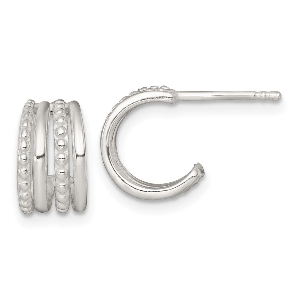 QE17961 Sterling Silver Polished and Beaded 4-Row C-Hoop Post Earrings