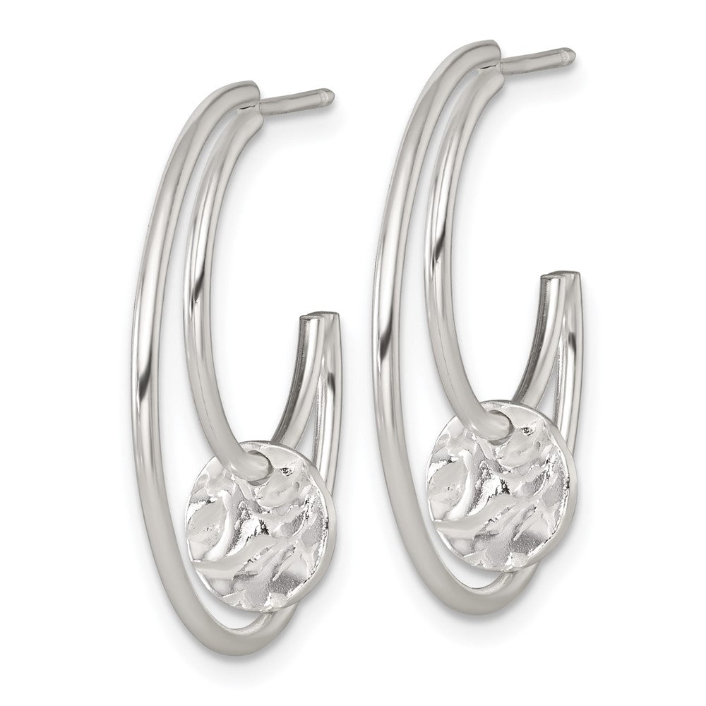 QE17962 Sterling Silver Polished Textured Moveable Disc Fancy Crescent Moon C-Hoop Post Earrings