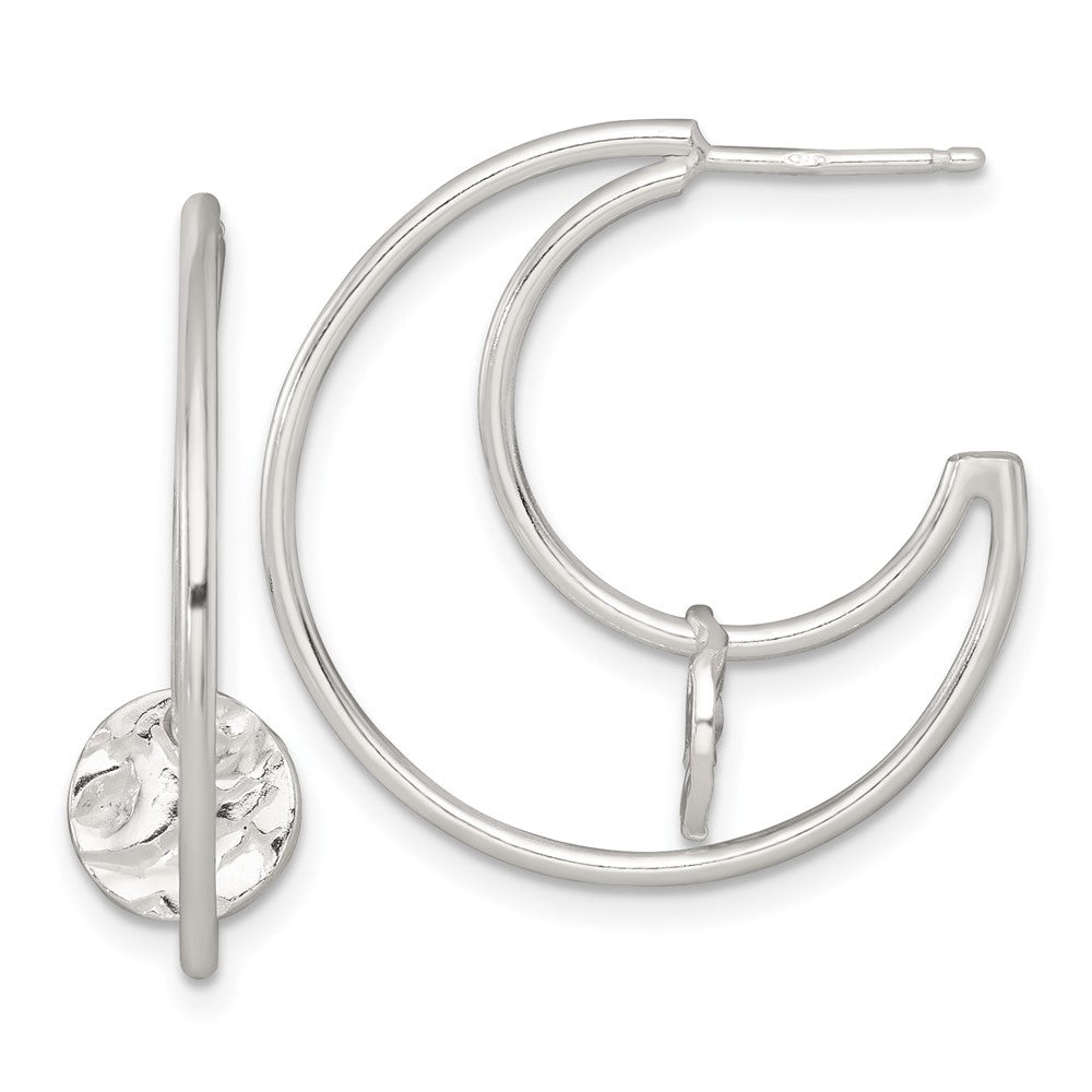 QE17962 Sterling Silver Polished Textured Moveable Disc Fancy Crescent Moon C-Hoop Post Earrings