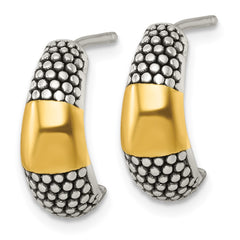 QE17976 Sterling Silver and Gold-tone Polished Antiqued Textured Post J-Hoop Earrings