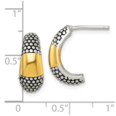 QE17976 Sterling Silver and Gold-tone Polished Antiqued Textured Post J-Hoop Earrings