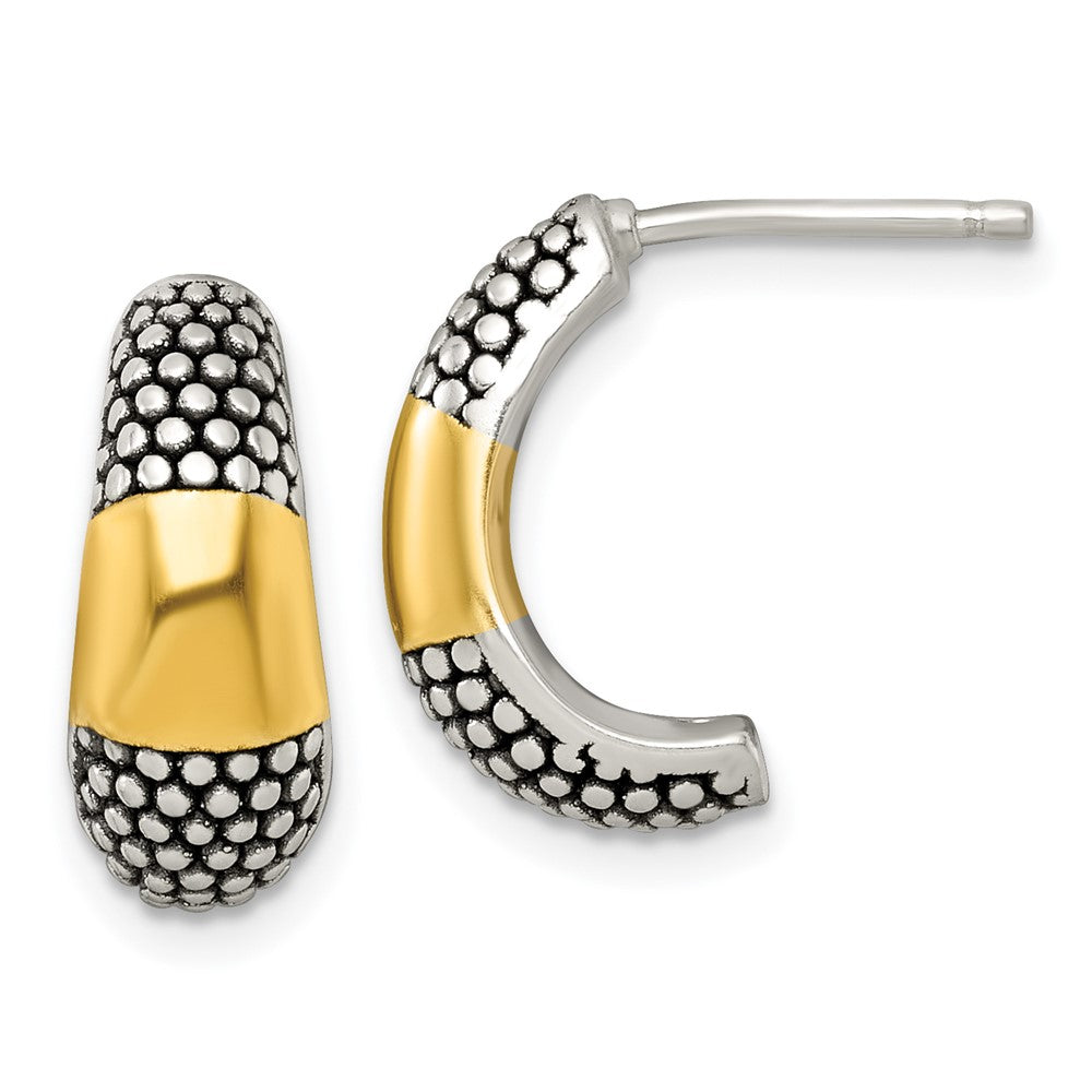 QE17976 Sterling Silver and Gold-tone Polished Antiqued Textured Post J-Hoop Earrings