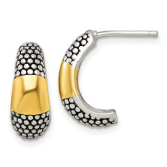 QE17976 Sterling Silver and Gold-tone Polished Antiqued Textured Post J-Hoop Earrings