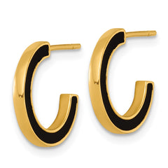 QE17978 Sterling Silver Gold-tone Polished Black Enamel 15x2mm Post C-Hoop Earrings