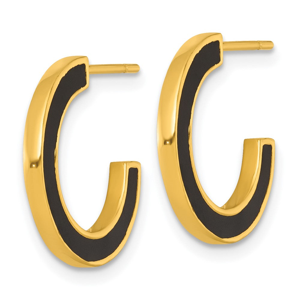 QE17979 Sterling Silver Gold-tone Polished Black Enamel 18x2mm Post C-Hoop Earrings