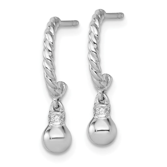 QE17991 Sterling Silver Rhodium-plated Polished and Twisted CZ Post J-Hoop Dangle Earrings