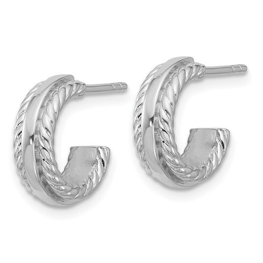 QE17995 Sterling Silver Rhodium-plated Polished and Grooved 4.5mm x 13mm C-Hoop Post Earrings