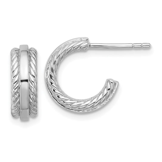 QE17995 Sterling Silver Rhodium-plated Polished and Grooved 4.5mm x 13mm C-Hoop Post Earrings