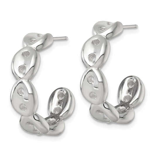 QE17999 Sterling Silver Polished 7.0mm Puffed Mariner/Anchor Link Post C-Hoop Earrings