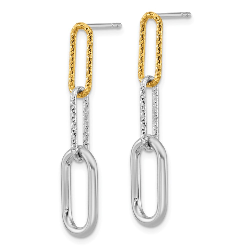 QE18005 Sterling Silver Rhodium and Gold-plated Three Link Textured Dangle Post Earrings