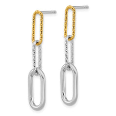 QE18005 Sterling Silver Rhodium and Gold-plated Three Link Textured Dangle Post Earrings