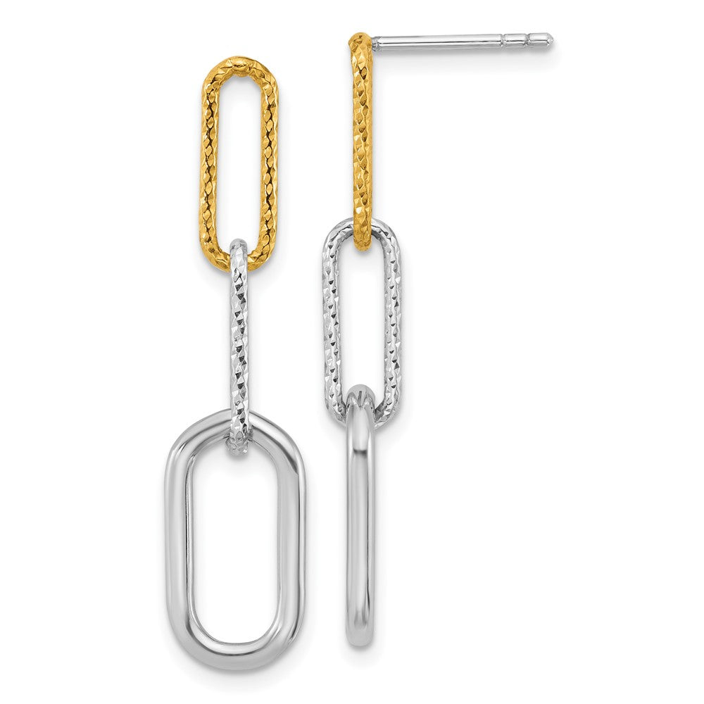 QE18005 Sterling Silver Rhodium and Gold-plated Three Link Textured Dangle Post Earrings