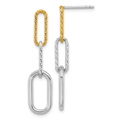 QE18005 Sterling Silver Rhodium and Gold-plated Three Link Textured Dangle Post Earrings