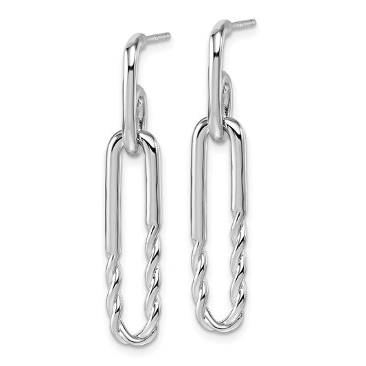 QE18006 Sterling Silver Rhodium-plated Polished Twisted Paper Clip Dangle Post Earrings