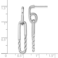 QE18006 Sterling Silver Rhodium-plated Polished Twisted Paper Clip Dangle Post Earrings
