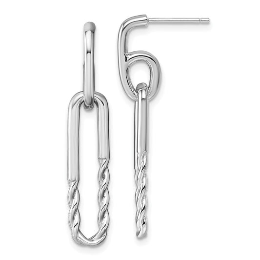QE18006 Sterling Silver Rhodium-plated Polished Twisted Paper Clip Dangle Post Earrings