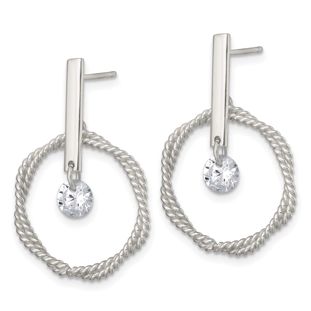QE18008 Sterling Silver Polished Twisted Circle with Moveable White CZ Dangle Post Earrings