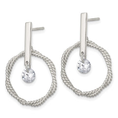QE18008 Sterling Silver Polished Twisted Circle with Moveable White CZ Dangle Post Earrings