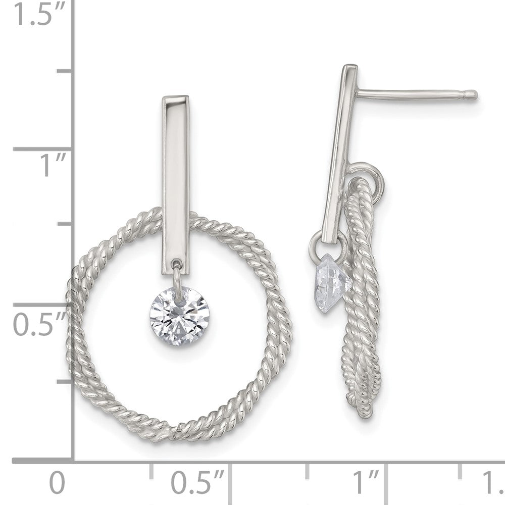 QE18008 Sterling Silver Polished Twisted Circle with Moveable White CZ Dangle Post Earrings