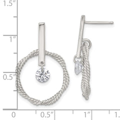 QE18008 Sterling Silver Polished Twisted Circle with Moveable White CZ Dangle Post Earrings
