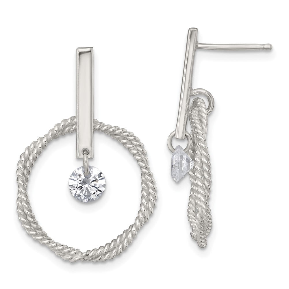 QE18008 Sterling Silver Polished Twisted Circle with Moveable White CZ Dangle Post Earrings