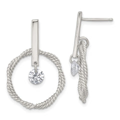 QE18008 Sterling Silver Polished Twisted Circle with Moveable White CZ Dangle Post Earrings