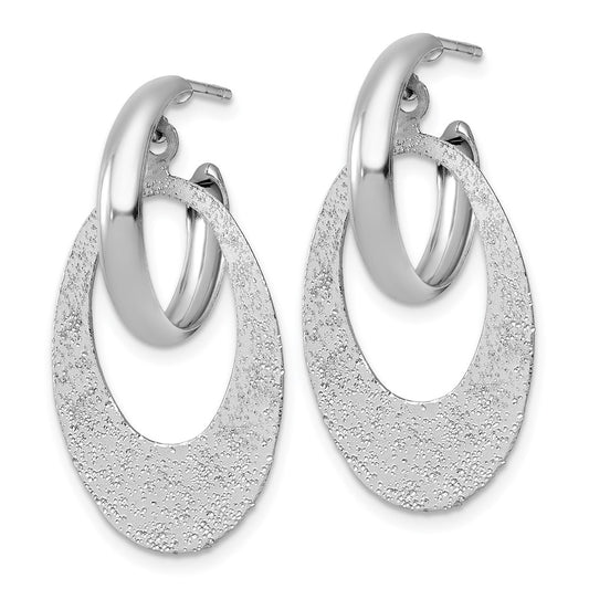 QE18010 Sterling Silver Rhodium-plated Polished and Brushed Oval Dangle C-Hoop Post Earrings