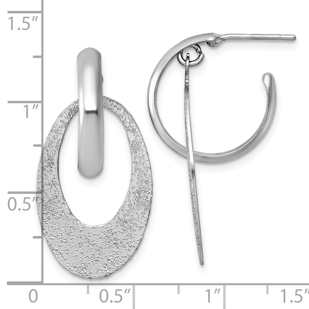 QE18010 Sterling Silver Rhodium-plated Polished and Brushed Oval Dangle C-Hoop Post Earrings