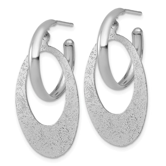 QE18011 Sterling Silver Rhodium-plated Polished and Brushed Oval Dangle C-Hoop Post Earrings