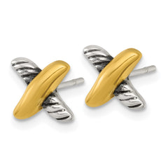 QE18012 Sterling Silver and Gold-tone Polished and Antiqued X Post Earrings