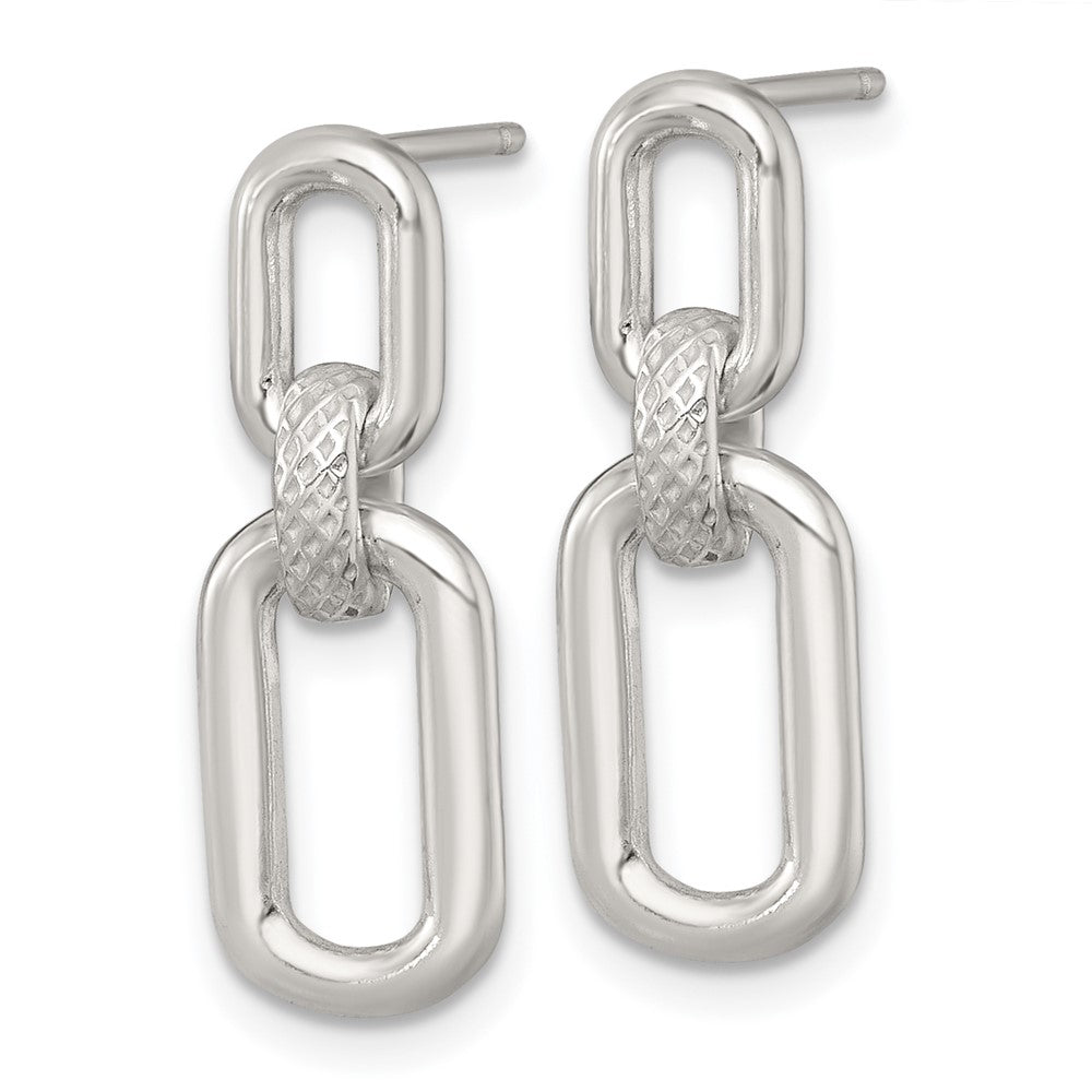 QE18014 Sterling Silver Polished and Textured Fancy Rectangular Link Dangle Post Earrings