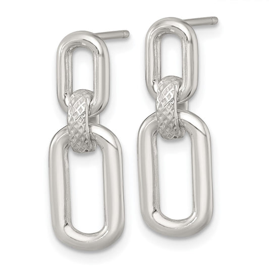 QE18014 Sterling Silver Polished and Textured Fancy Rectangular Link Dangle Post Earrings