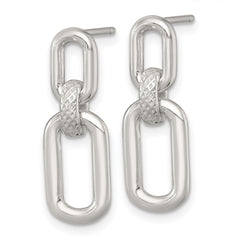 QE18014 Sterling Silver Polished and Textured Fancy Rectangular Link Dangle Post Earrings